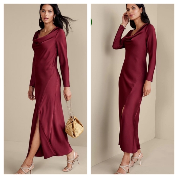 Soft Surroundings Dresses & Skirts - Soft Surroundings Solange satin long-sleeve dress Cabernet burgundy Sz 4 Holiday